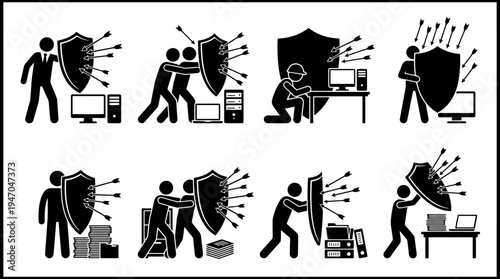 Menschen schützen Computer, Daten und Dokumente mit Schilden vor Bedrohungen, symbolisiert als Pfeile, in verschiedenen Szenarien der Cybersicherheit und des Datenschutzes.