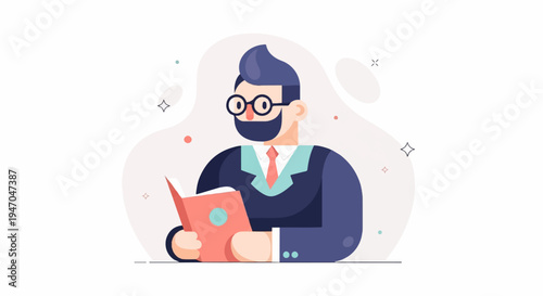 A man in a suit reads a book, surrounded by abstract shapes and dots