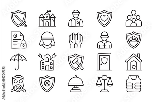 Security service line icon set, shield protection guard helmet vest surveillance law balance lock and privacy symbols for cybersecurity dashboards safety systems and protection platforms