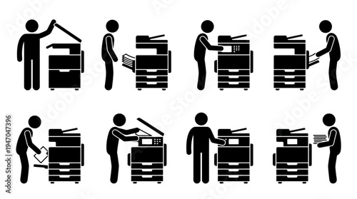 Instructions visuelles pour l'utilisation d'un photocopieur multifonction, détaillant chaque étape.