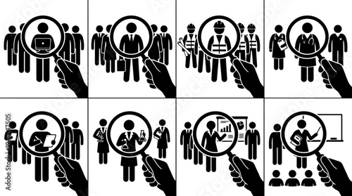 Eine Lupe sucht und findet verschiedene Fachkräfte und Berufe in einer Menschenmenge.