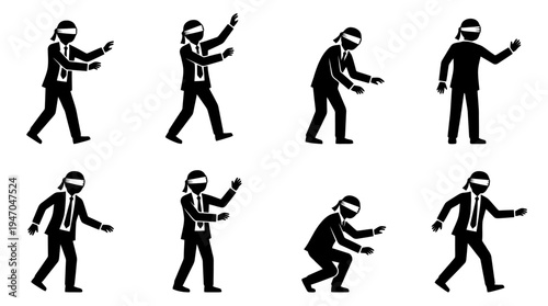 Acht blindlings tastende Geschäftsleute in verschiedenen Posen, die Orientierungslosigkeit und Unsicherheit symbolisieren.