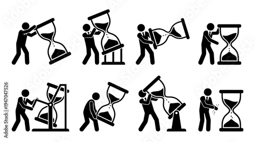 Illustrations monochromes de personnes manipulant des sabliers, symbolisant la gestion, le contrôle et l'écoulement du temps.
