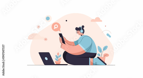 Person with headphones using phone and laptop amidst abstract shapes