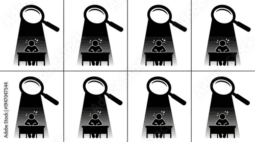 Acht identische Grafiken zeigen eine Lupe, die eine sitzende Person unter einem Lichtstrahl beleuchtet, symbolisierend Überwachung und Untersuchung.