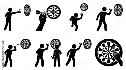 Verschiedene Piktogramme und Illustrationen von Personen, die Darts spielen und Dartscheiben mit Pfeilen.