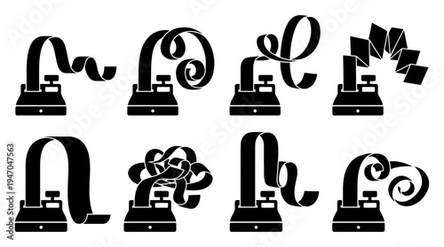 Acht schwarze Silhouetten von Registrierkassen mit langen, gewundenen oder zerknitterten Papierbelegen, die aus ihnen herauskommen.