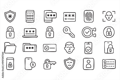 Authentication and identity verification line icons, password login fingerprint face recognition lock key encryption and privacy symbols for cybersecurity tools secure apps and login interfaces