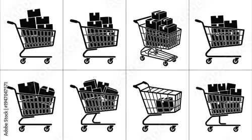 Acht verschiedene Einkaufswagen-Icons, gefüllt mit schwarzen Boxen, auf weißem Hintergrund.