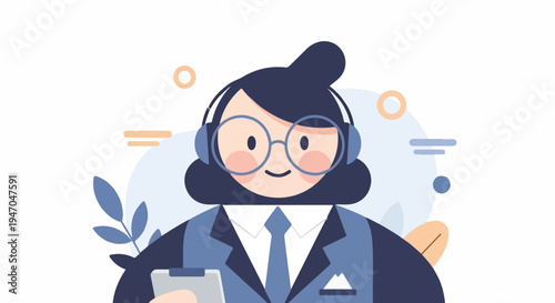 Cartoon call center employee wearing headset and glasses