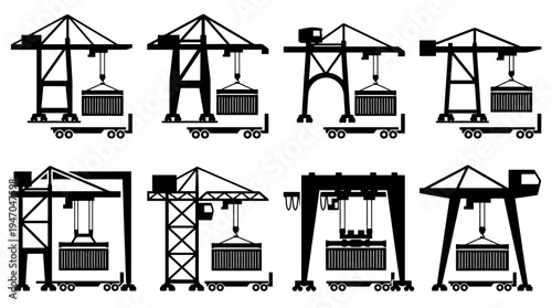 Verschiedene Arten von Hafenkränen, die Schiffscontainer auf Lastwagen laden oder entladen, als Silhouetten.