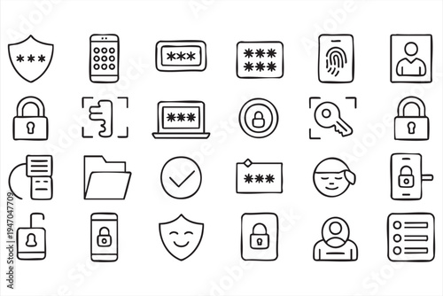 Secure access outline icon collection, password login fingerprint face recognition lock key encryption identity verification and privacy symbols for cybersecurity systems and authentication platforms