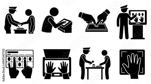 Piktogramme zur Identifikation, Sicherheitskontrolle und biometrischen Erfassung von Personen an Grenzübergängen und Kontrollpunkten.