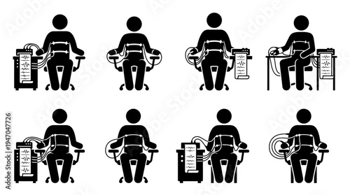 Illustration von acht Personen, die an Lügendetektoren angeschlossen sind und getestet werden.