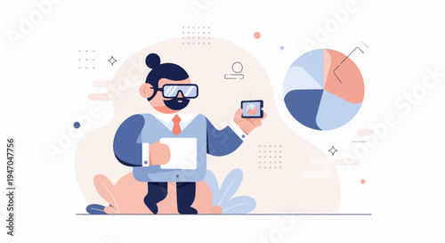 Businessman with VR headset and tablet presents data