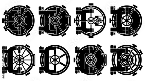 Acht verschiedene Silhouetten von runden Tresortüren oder U-Boot-Lukentüren mit komplexen Mechanismen.