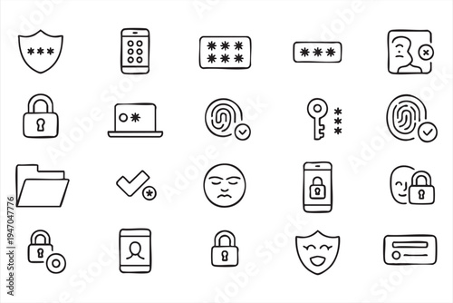 Cybersecurity verification icon pack, password login fingerprint face recognition lock key encryption privacy authentication symbols for secure applications identity systems and data protection