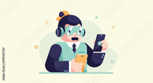 Person with VR headset and phones in minimalist flat design