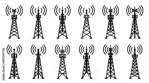 A collection of twelve black silhouette icons depicting various communication towers emitting radio waves, arranged in two rows.