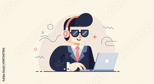 Stylized businessman wearing headphones and sunglasses uses a laptop