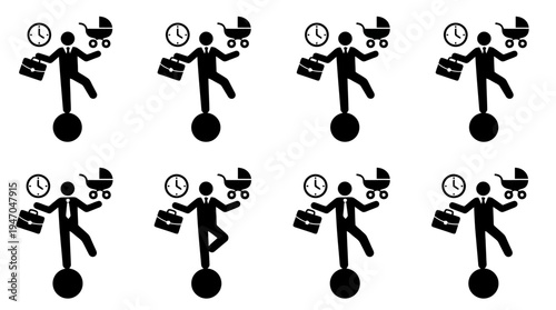 Set of 8 black and white vector icons depicting a businessman balancing work and family life