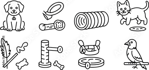 Pet care accessories and cute animals linear icons set including dog cat bird toys and grooming equipment
