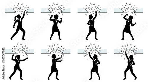 Set of 8 Businesswoman Silhouettes Breaking Through Barriers Vector Illustration