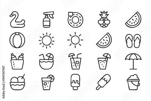 Beach holiday symbol pack, sun sunglasses flip flops beach ball cocktail ice cream watermelon tropical drink float and seaside relaxation icons for travel and tourism graphics
