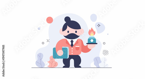 Businessperson with a burning burner and a book