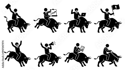 Black silhouette stick figures of businessmen riding bulls, depicting various actions related to a bullish market and financial growth.