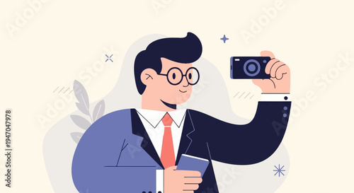 Businessperson taking a selfie with a digital camera and holding a smartphone