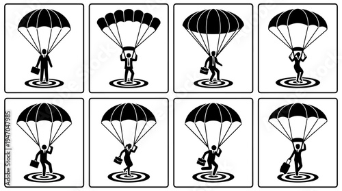 Acht Schwarz-Weiß-Illustrationen von Personen, die mit Fallschirmen auf Zielscheiben landen, symbolisieren Geschäftserfolg und Präzision.