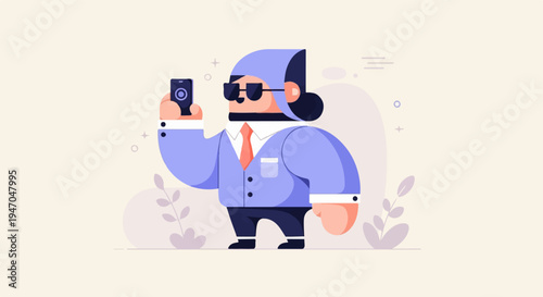 Stylized man in suit and hat, holding smartphone, taking picture