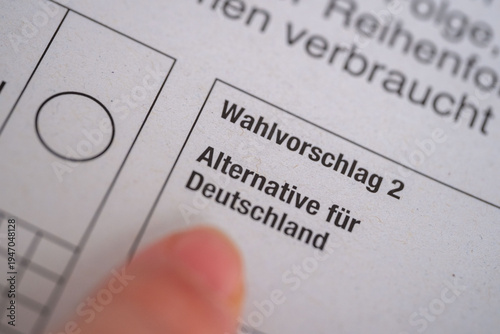 AfD ballot paper, German Wahlvorschlag Alternative für Deutschland, voting circle, right-wing populism, ultra-conservative agendas and ideological fragmentation in contemporary European democracy