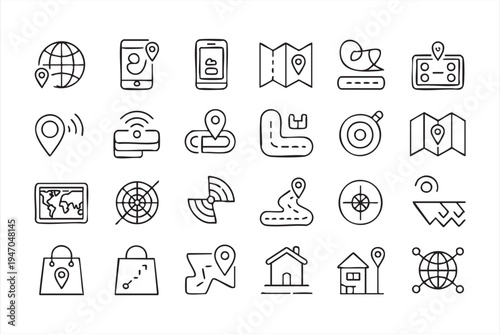GPS and map navigation outline icons, compass route map pin satellite signal radar target smartphone location direction symbols for mapping dashboards navigation apps and travel platforms