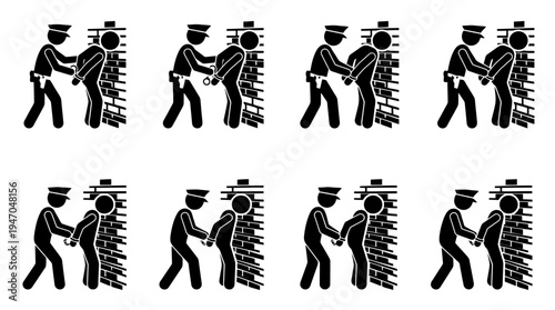 Set of 8 black and white vector icons depicting police officer arresting a criminal suspect