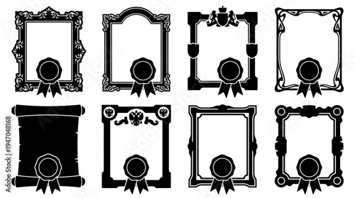 Set of 8 ornate black and white vector frames with ribbons, perfect for certificates and awards