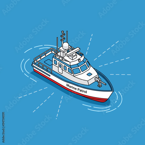 Isometric illustration of a marine patrol boat with radar and searchlights on the water.