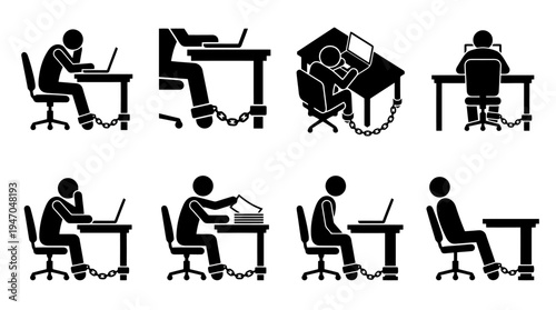 Stick figures chained to desks with laptops, illustrating concepts of work addiction, digital slavery, and being trapped by technology or employment.