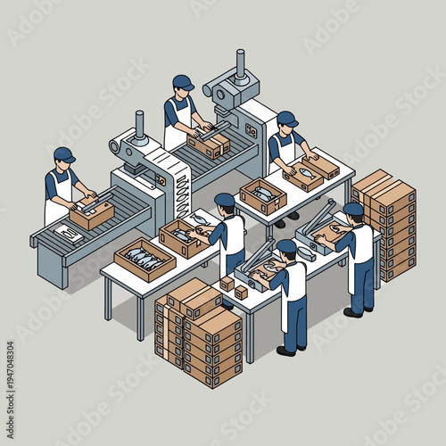 Workers packaging goods on an assembly line in a factory setting.