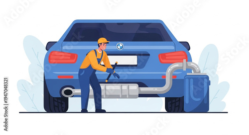 Mechanic fixing car exhaust pipe.