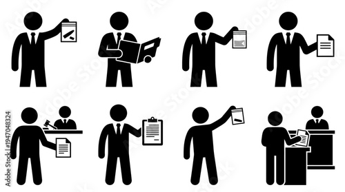 Stick figures illustrating various business, legal, and administrative interactions with documents and clipboards.