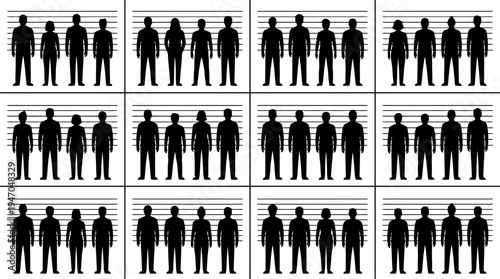 Multiple rows of diverse silhouetted figures standing against height measurement charts, resembling police lineups.