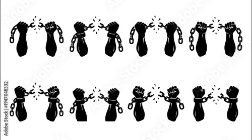 A grid of twelve pairs of stylized black fists, each connected by a chain with a spark between them, symbolizing connection and unity.