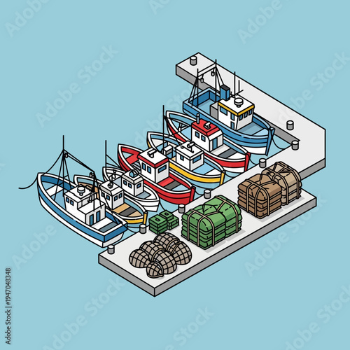 Isometric illustration of a harbor scene with fishing boats docked at a pier.