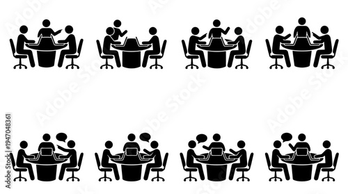 Set of 8 Business Meeting and Discussion Icons Vector - Corporate Team Collaboration and Communication