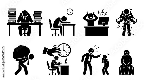 Stick figures illustrating various forms of work-related stress, exhaustion, pressure, and emotional distress in professional and personal life.
