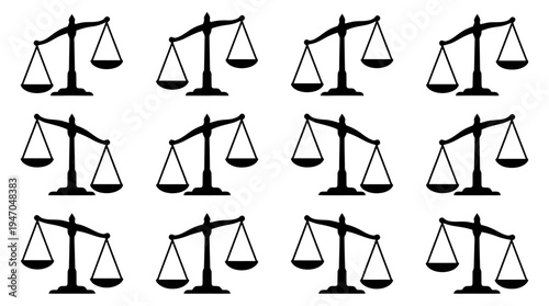 Set of 12 black silhouette balance scales vector icons representing justice, equality, and law