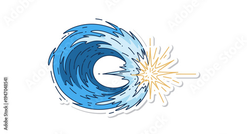 Stylized blue ocean wave crashing with a powerful golden splash, dynamic water movement illustration for energy and impact concepts.