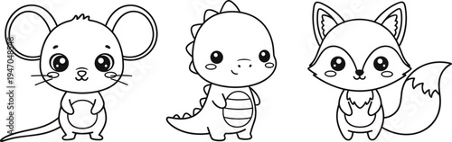 Black and white cartoon illustration of cute mouse, dinosaur, and fox characters with expressive eyes for children’s coloring books, educational materials, and playful design projects
